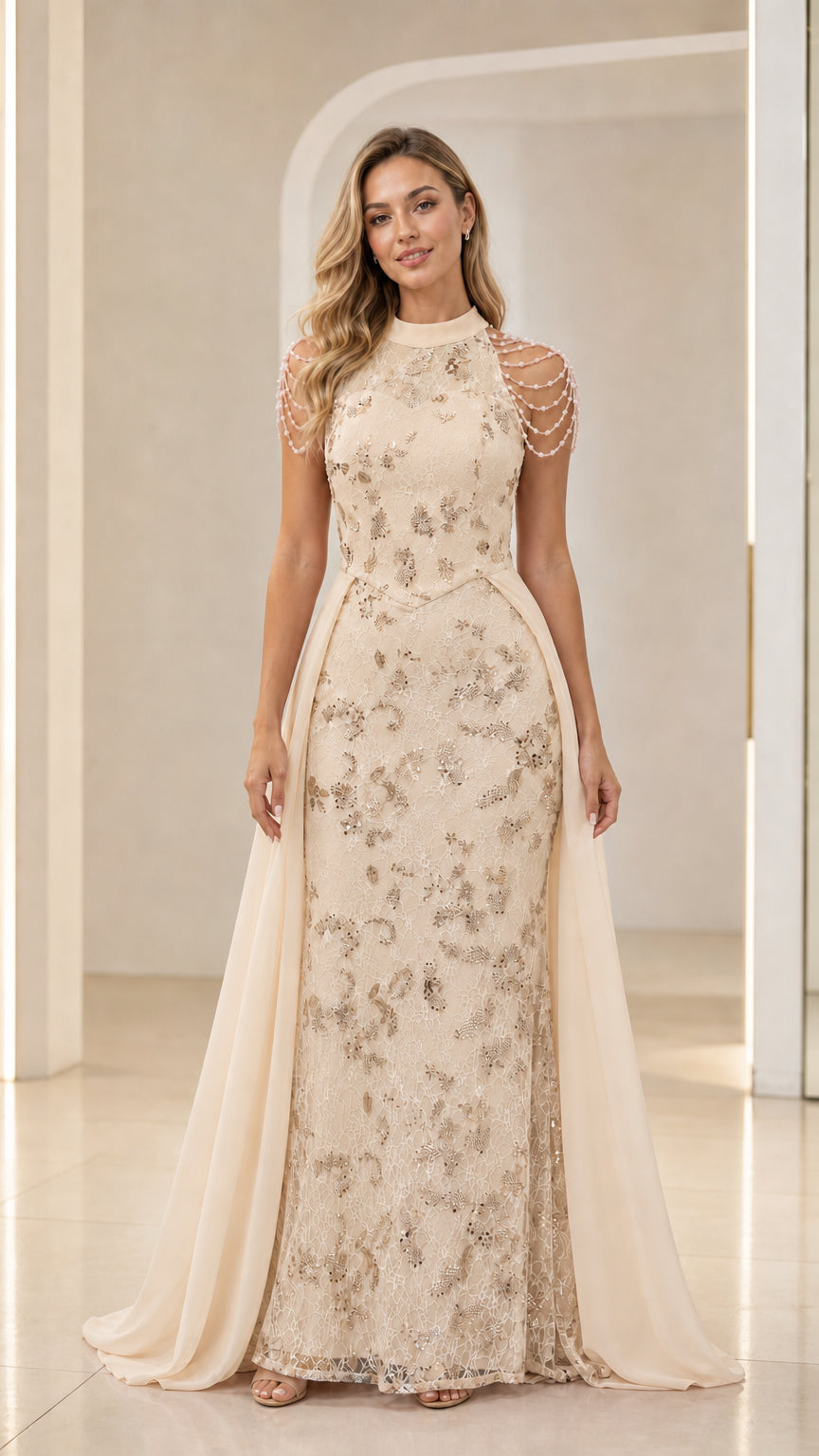 Champagne beige high neck embroidered lace formal gown with beaded shoulders