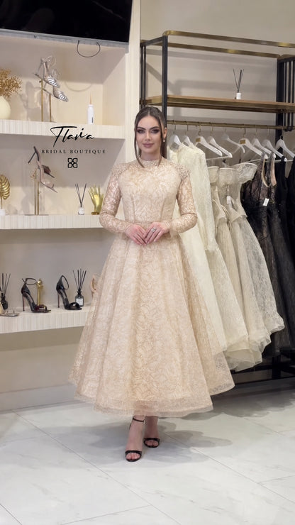 Champagne beige long sleeve lace cocktail evening dress
