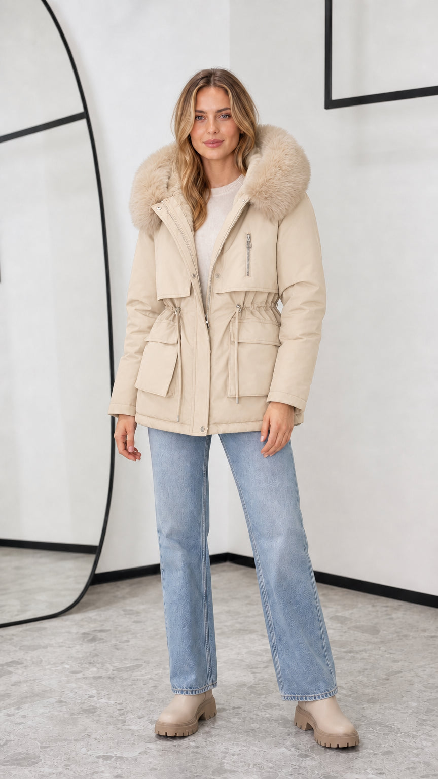 Women's beige cream hooded fleece-lined parka jacket with faux fur trim