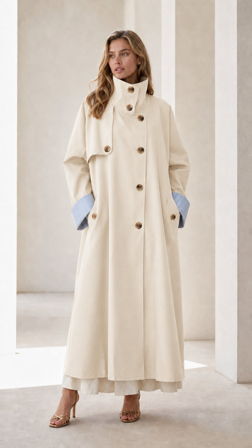 Full-body view of woman wearing an off-white long trench coat