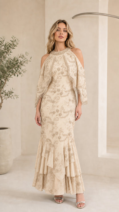 Champagne beige embellished capelet formal evening gown on model