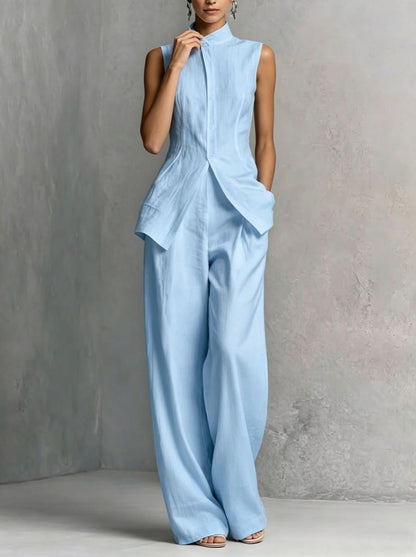 White Two Piece Set Women | Elegant Sleeveless Vest Top Wide Leg Pants Luxury Outfit