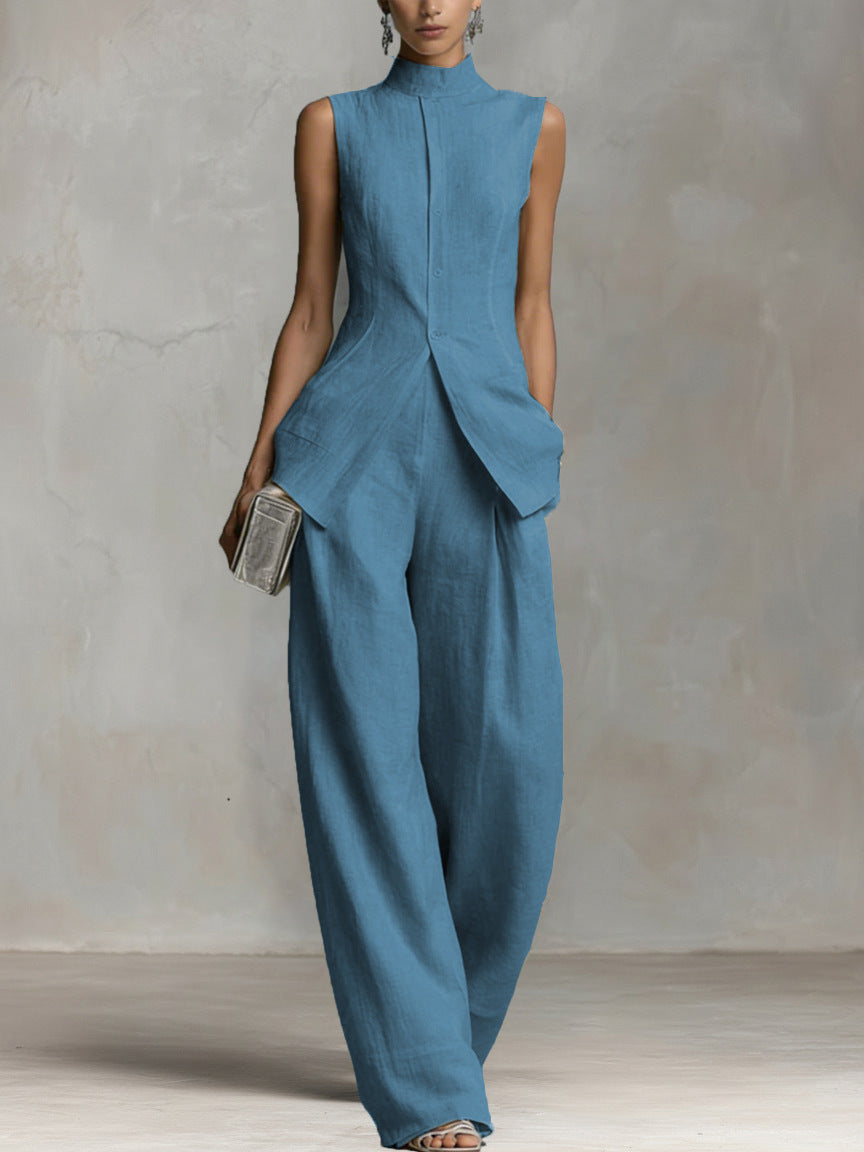White Two Piece Set Women | Elegant Sleeveless Vest Top Wide Leg Pants Luxury Outfit