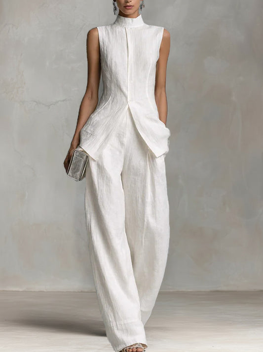 White Two Piece Set Women | Elegant Sleeveless Vest Top Wide Leg Pants Luxury Outfit